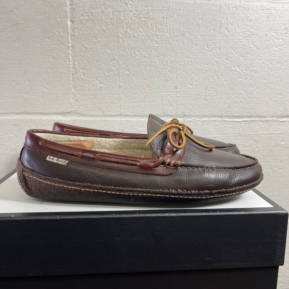 LL Bean Wicked Good Moccasins Brown Leather Shearling Lined Slippers Men's 10 M